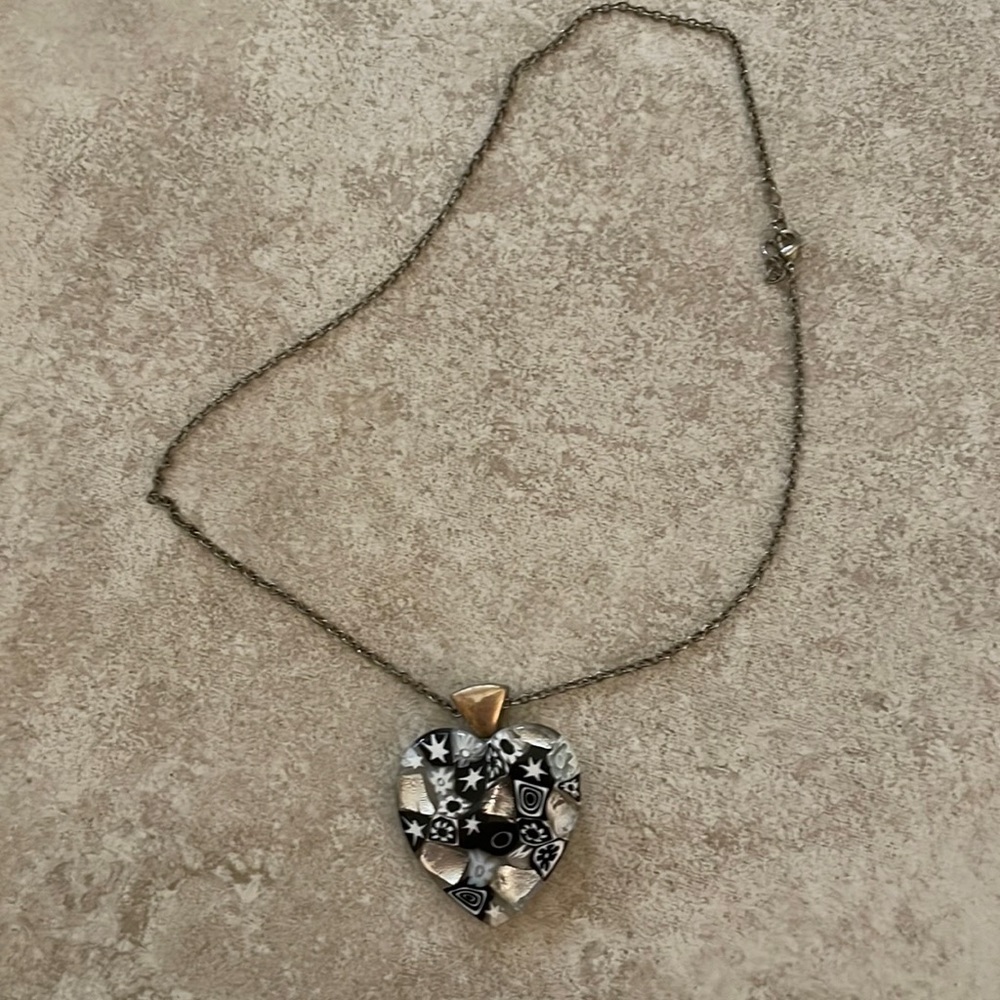 black, white, and silver resin heart necklace